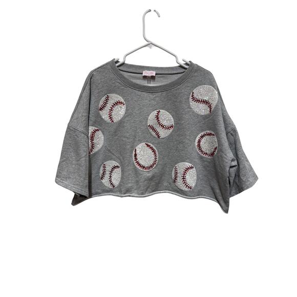 Pink Lily Tops - Pink Lily Oversized Cropped sweatshirt with sequin Baseballs Size Medium